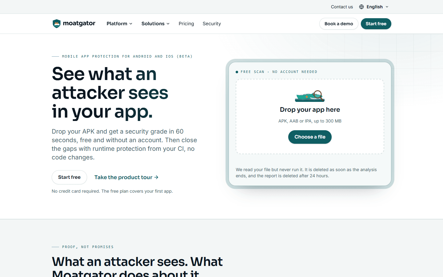 Moatgator home page with the free Scan upload and the headline about what an attacker sees in an app