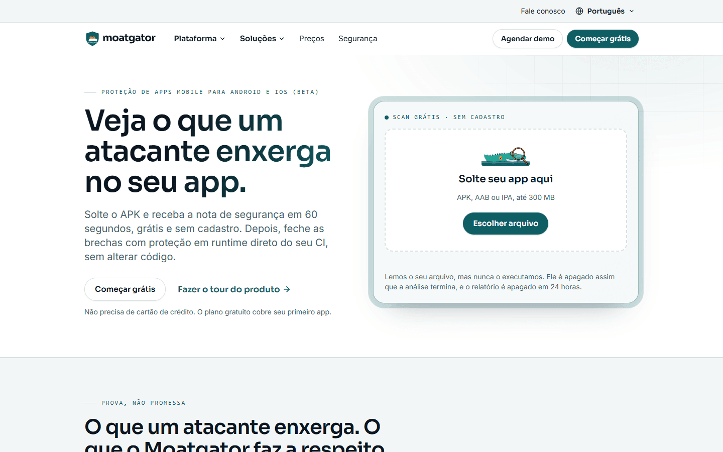 Página inicial da Moatgator com o envio do Scan grátis e o título sobre o que um atacante vê no app