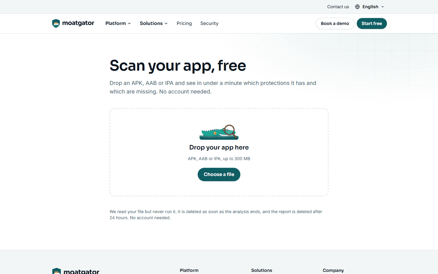 The free Scan page, where an APK, AAB or IPA is uploaded to get a protection grade