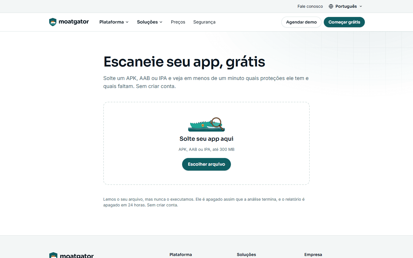 Página do Scan grátis, onde se envia um APK, AAB ou IPA para receber uma nota de proteção
