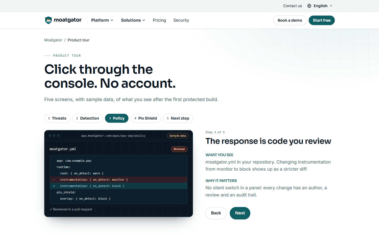 Product tour showing the moatgator.yml policy with a stricter change reviewed in a pull request