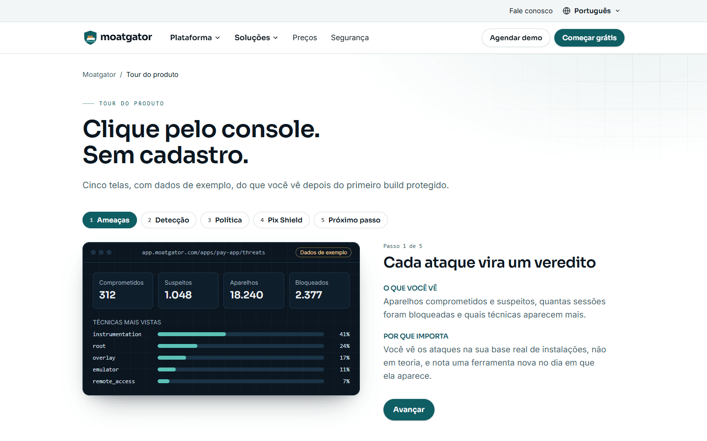 Tour do produto mostrando o painel de ameaças do console com dados de exemplo rotulados